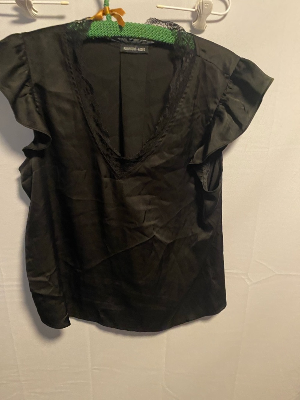 Black Lace-Trim Flutter Sleeve Blouse